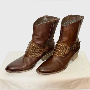 Reba Brown Buckle Leather Western Studded Ankle Boots with Stacked Heel, Size 9M